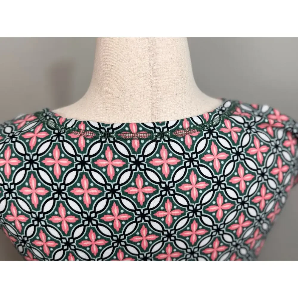 Talbots dress knit green white pink pattern cap sleeve scoop neck self tie Sz M - Picture 6 of 10